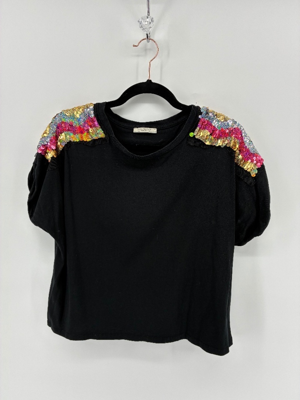 MASSIVE $10 SALE Zara Black and Pink Boxy Crop Top with Sequin Shoulders